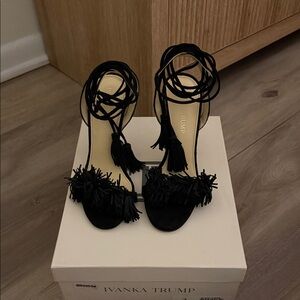 Ivanka Trump Black Fringe Lace-Up Heels